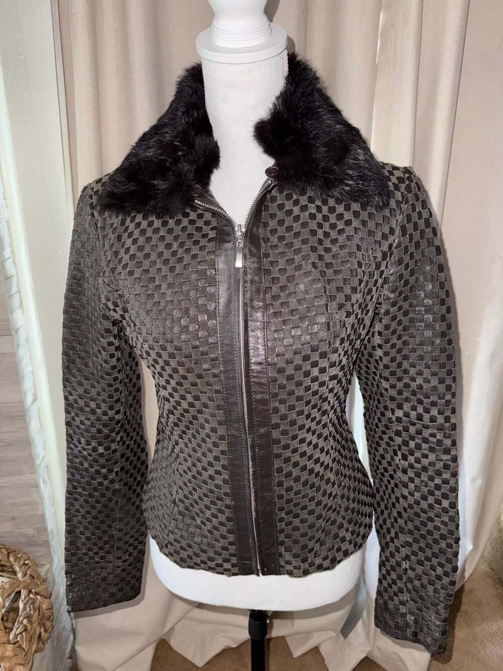 Wilsons Leather Basket-Weave Leather Jacket Faux Fur Collar – Size S